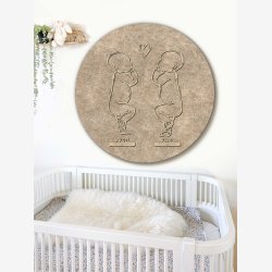 Rund fødselstavle i træ og akustikfilt - to søskende