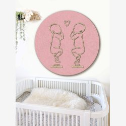 Rund fødselstavle i træ og akustikfilt - to søskende